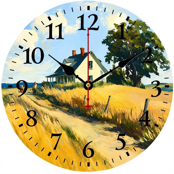 9.84 Inch Farmhouse Wall Clock, Rustic Country Landscape Wheat Field Analog Clock, Battery Operated Decorative Round Clock for Kitchen, Living Room, Bedroom and Office
