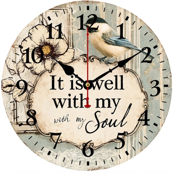 9.84 Inch Farmhouse Wall Clock, Vintage Bird Floral Round Decorative Wall Clock with Large Arabic Numbers, Battery Operated Analog Clock for Living Room Kitchen Bedroom Home Decor