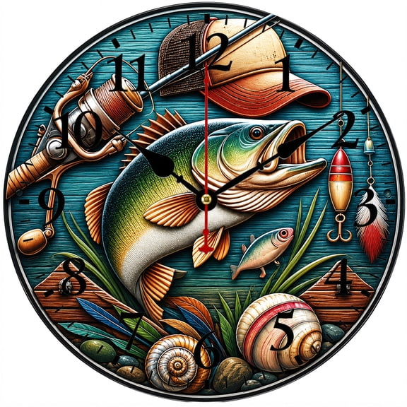 9.84 Inch Fishing Wall Clock, Battery Operated Round Analog Clock with Easy to Read Numbers, Rustic Bass Fish Lake House Decor for Living Room, Kitchen, Cabin, Office and Man Cave