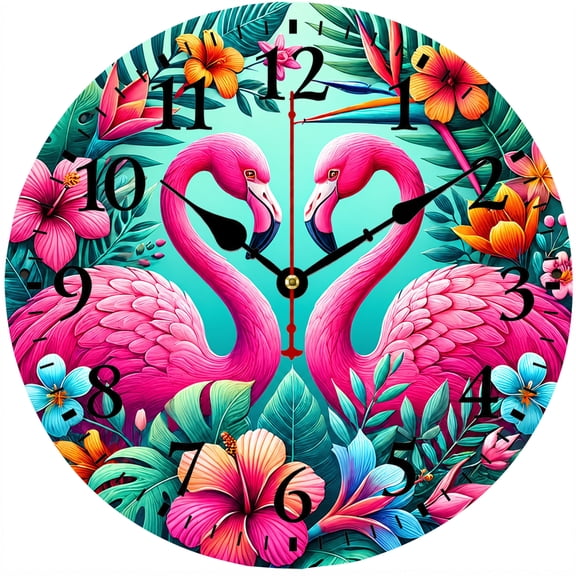 9.84 Inch Flamingo Wall Clock, Tropical Floral Decorative Battery Operated Analog Clock, Easy to Read for Living Room Bedroom Kitchen Office