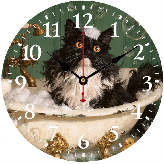 9.84 Inch Funny Cat Wall Clock, Black and White Cat in Bathtub Bathroom Decor, Battery Operated Analog Clock for Bathroom Bedroom Living Room Kitchen