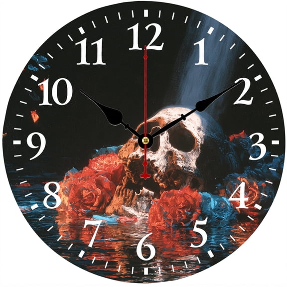9.84 Inch Gothic Skull Wall Clock, Red Rose Halloween Decor, Battery Operated Analog Clock for Living Room Bedroom Office