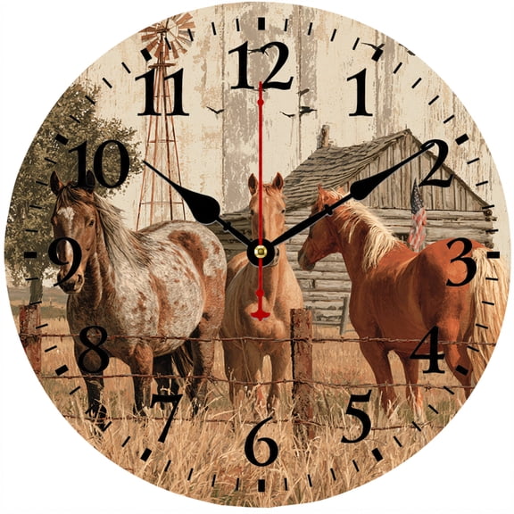 9.84 Inch Horse Wall Clock, Rustic Farmhouse Battery Operated Analog Clock, Western Country Wall Decor for Living Room Bedroom Kitchen Office