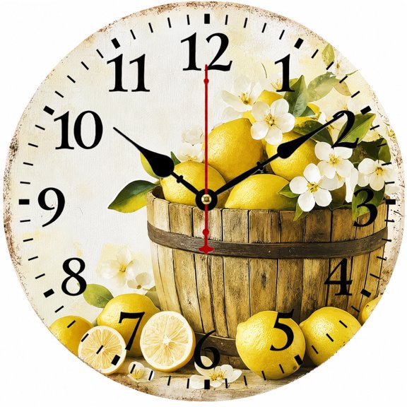 9.84 Inch Lemon Kitchen Wall Clock, Farmhouse Vintage Wall Decor Clock with Large Easy Read Numbers, Rustic Fruit Design Battery Operated Clock for Kitchen, Living Room, Bedroom and Home Decor