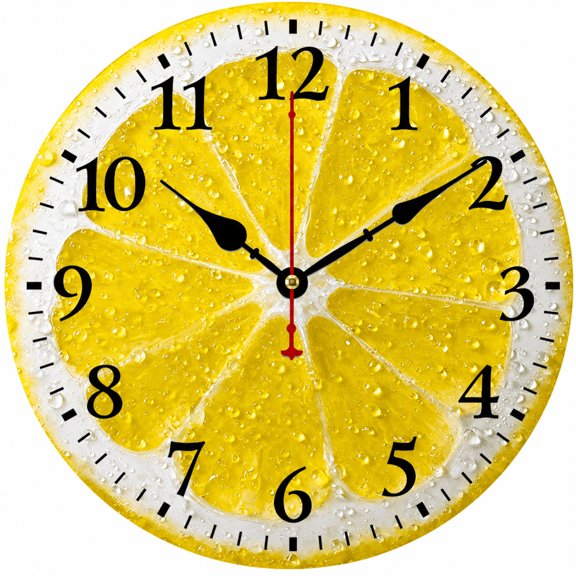 9.84 Inch Lemon Wall Clock, Yellow Kitchen Wall Clock Decorative Round Clock for Home Decor, Dining Room, Living Room, Office