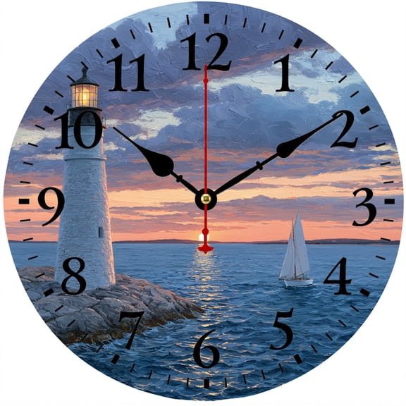 9.84 Inch Lighthouse Wall Clock, Coastal Nautical Ocean Sunset Sailboat Round Analog Clock, Battery Operated Beach House Decor for Living Room Bedroom Kitchen Office