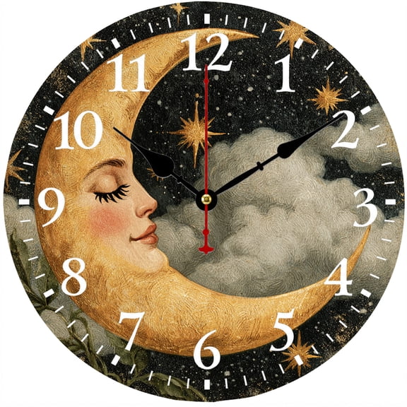 9.84 Inch Moon Wall Clock, Vintage Celestial Crescent Moon Face Decorative Wall Clock, Battery Operated Analog Clock for Living Room Bedroom