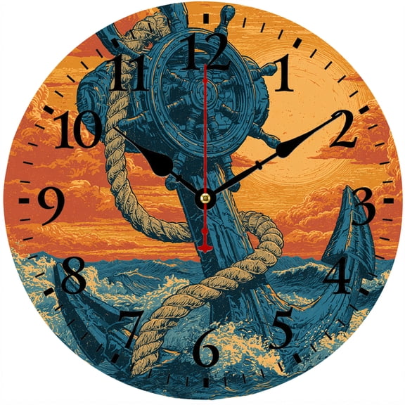 9.84 Inch Nautical Wall Clock, Ocean Ship Wheel Decorative Clock, Battery Operated Round Analog Clock with Easy to Read Numbers, Coastal Marine Sea Decor for Living Room Bedroom Kitchen Office