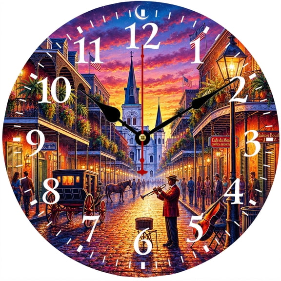 9.84 Inch New Orleans Jazz Wall Clock, French Quarter Decorative Analog Clock, Battery Operated, Easy to Read, Living Room Kitchen Decor