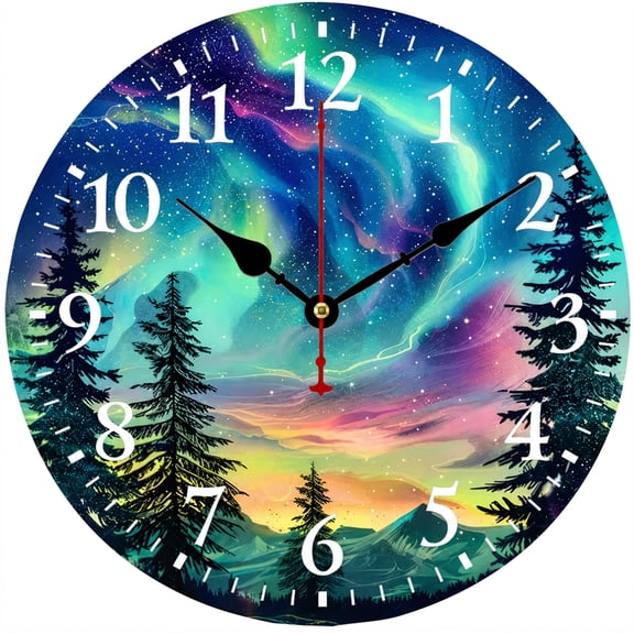 9.84 Inch Northern Lights Wall Clock, Battery Operated Analog Clock, Aurora Forest Decorative Clock for Living Room Bedroom Kitchen Office