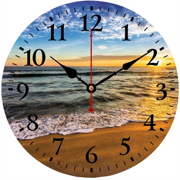 9.84 Inch Ocean Beach Wall Clock, Sunset Seaside Landscape Round Decorative Clock, Coastal Home Decor for Living Room Bedroom Office Kitchen, Battery Operated Analog Clock