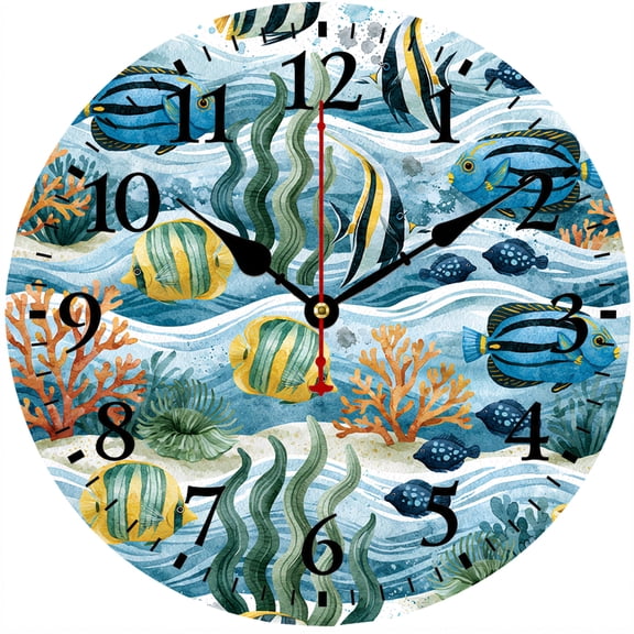 9.84 Inch Ocean Wall Clock, Coastal Beach Decor Fish Coral Reef Design, Nautical Decorative Wall Clock for Kitchen Living Room Bedroom Office