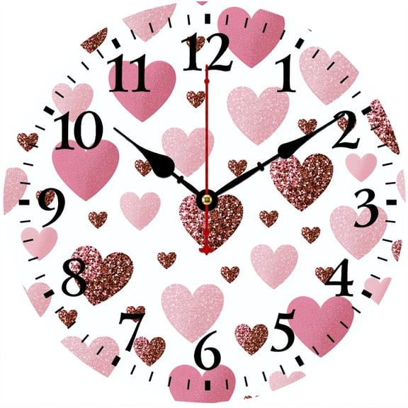 9.84 Inch Pink Heart Wall Clock, Battery Operated Round Analog Clock with Easy to Read Numbers, Decorative Love Heart Clock for Bedroom Living Room Kitchen Office Romantic Home Decor Gift for Her