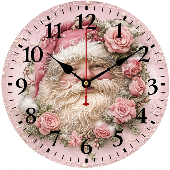 9.84 Inch Pink Santa Wall Clock, Christmas Floral Decorative Analog Clock, Battery Operated Clock for Living Room Bedroom Kitchen