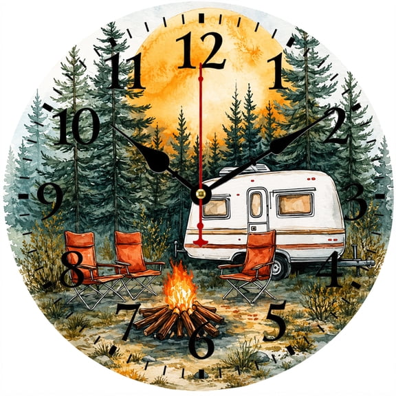 9.84 Inch RV Camper Wall Clock, Rustic Camping Decorative Wall Clock, Battery Operated Round Analog Clock with Easy to Read Numbers, Farmhouse Cabin Decor for Living Room Bedroom Kitchen Office