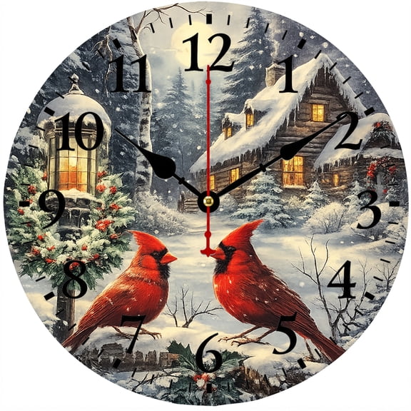 9.84 Inch Red Cardinal Wall Clock, Winter Christmas Snowy Cabin Decorative Wall Clock, Battery Operated Analog Clock for Home