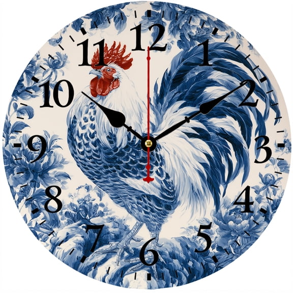 9.84 Inch Rooster Wall Clock, Blue White Farmhouse Kitchen Wall Decor, Battery Operated Analog Chicken Clock for Living Room Bedroom OfficeS