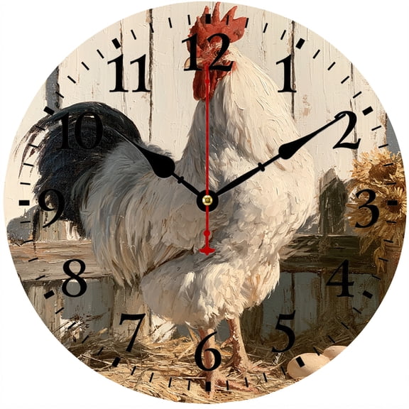 9.84 Inch Rooster Wall Clock, Rustic Farmhouse Chicken Clock, Battery Operated Analog Clock for Kitchen, Dining Room and Home Decor