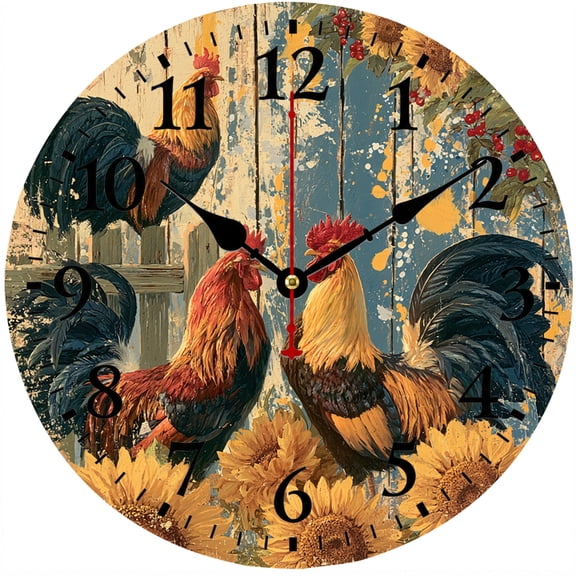 9.84 Inch Rooster Wall Clock, Rustic Farmhouse Chicken Kitchen Decor, Battery Operated Analog Clock, Easy to Read for Living Room Office