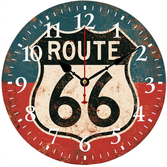 9.84 Inch Route 66 Wall Clock, Vintage Retro Rustic Decorative Analog Clock, Battery Operated for Garage, Man Cave, Living Room, Bedroom, Office