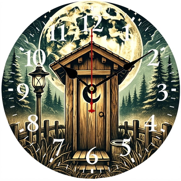 9.84 Inch Rustic Outhouse Wall Clock, Full Moon Forest Cabin Decor, Battery Operated Analog Clock with Easy to Read Numbers