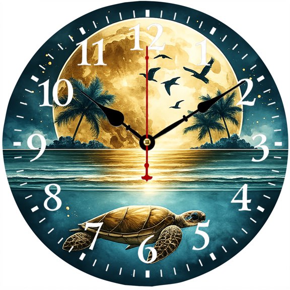 9.84 Inch Sea Turtle Wall Clock, Coastal Ocean Beach Moon Palm Tree Decorative Analog Clock, Battery Operated for Living Room Bedroom