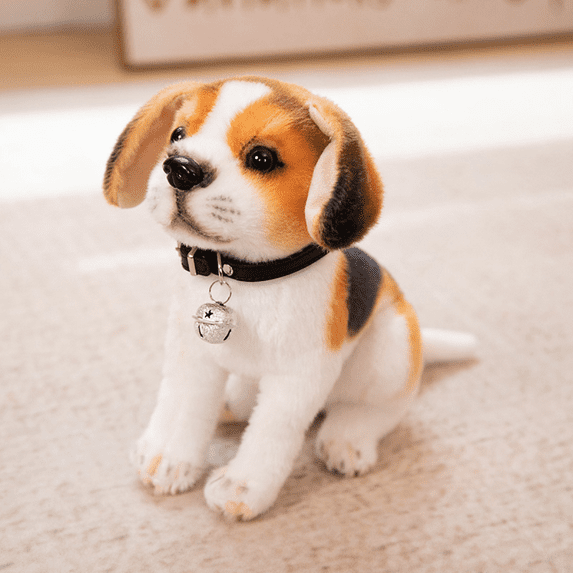 9.84 Inch Simulated Dog Plush Toy, Kids Toys, Realistic, Lifelike Soft Handmade Sitting Dog Plush Toy Puppy, Gift for Boys and Girls (Miguel with Bells)