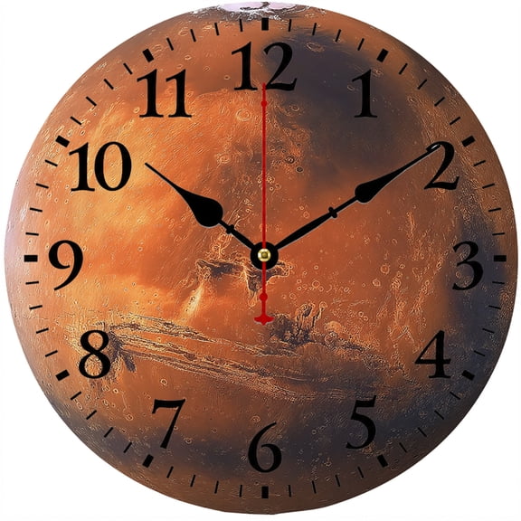 9.84 Inch Space Wall Clock, Mars Planet Decorative Round Analog Clock, Battery Operated Easy to Read Numbers Clock for Bedroom Living Room Office Kids Room Home Decor