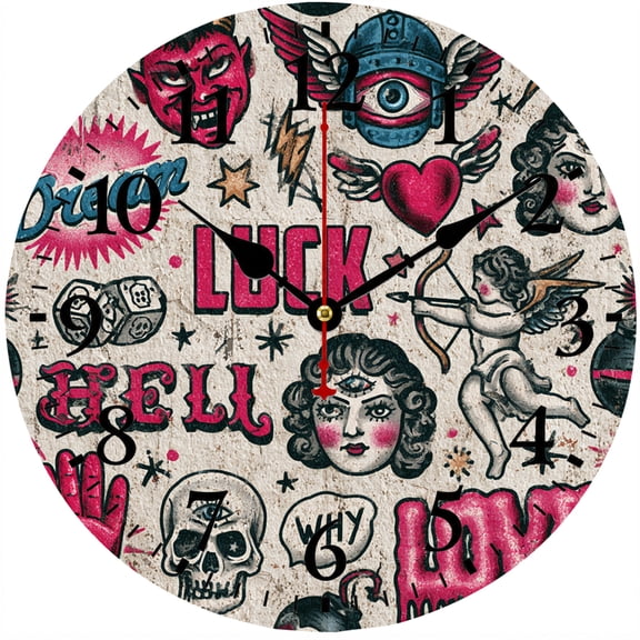 9.84 Inch Tattoo Art Wall Clock, Gothic Punk Graffiti Clock, Battery Operated Round Analog Clock with Easy to Read Numbers, Vintage Skull Heart Angel Design for Bedroom Office Decor