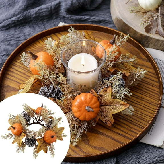 9.84 Inch Thanksgiving Candle Ring Wreath, Artificial Fall Wreath with Maple Leaves Sunflower Pumpkin for Autumn Harvest Festival Farmhouse Halloween Table Centerpiece Decor,
