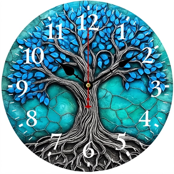 9.84 Inch Tree of Life Wall Clock, Blue Turquoise Decorative Clock, Battery Operated Analog Clock with Easy to Read Numbers, Home Decor
