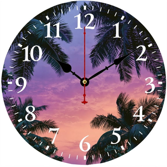9.84 Inch Tropical Wall Clock, Battery Operated Round Analog Clock with Easy to Read Numbers, Palm Tree Beach Sunset Ocean Theme Decorative Clock for Living Room Bedroom Kitchen Office Coastal Decor