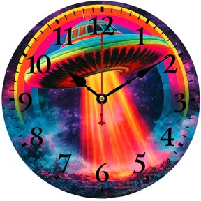 9.84 Inch UFO Wall Clock, Space Galaxy Alien Flying Saucer Analog Clock with Large Arabic Numbers, Battery Operated Decorative Clock for Bedroom Living Room Office Gaming Room Home Decor Gift