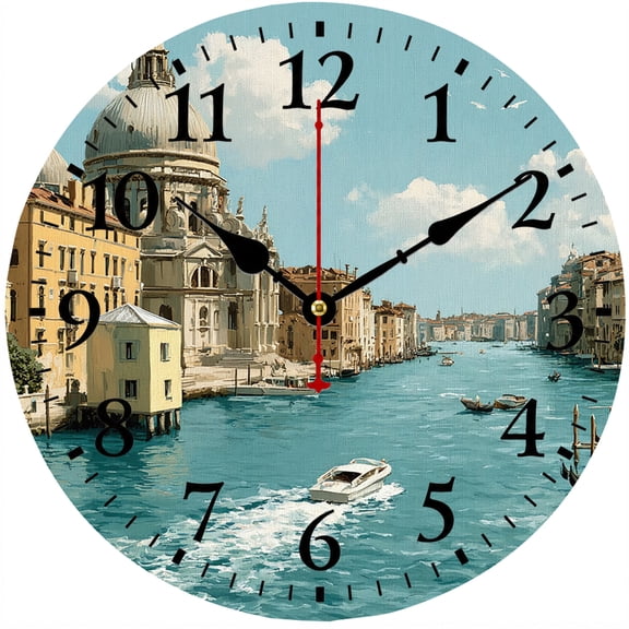 9.84 Inch Venice Wall Clock, European City Landscape Decorative Clock, Battery Operated Round Analog Clock with Easy to Read Numbers, Vintage Travel Artwork for Living Room Bedroom Kitchen Office