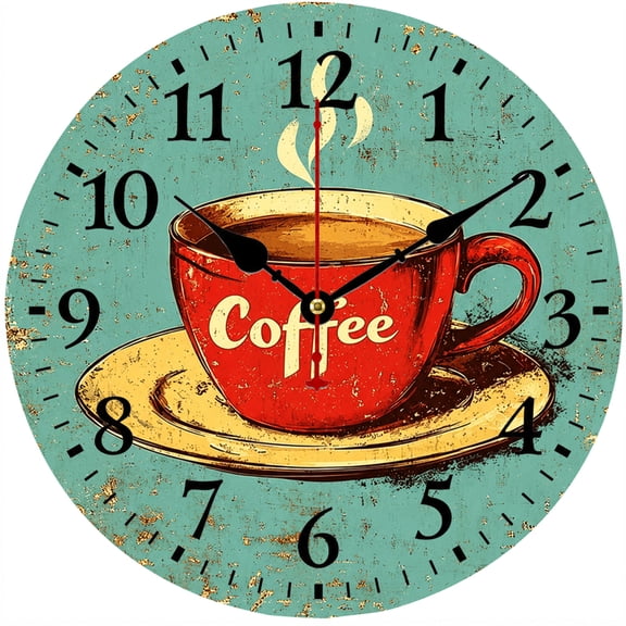 9.84 Inch Vintage Coffee Wall Clock, Retro Kitchen Wall Clock with Coffee Cup Design, Farmhouse Decor Clock for Kitchen, Living Room, Bedroom and Home Decoration