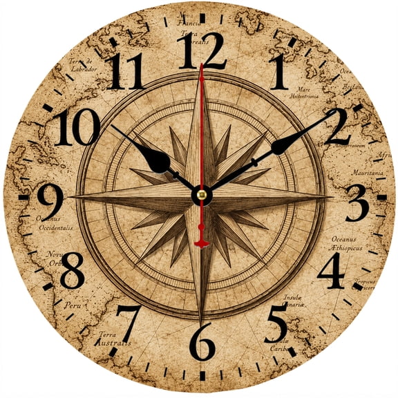 9.84 Inch Vintage World Map Compass Wall Clock, Battery Operated Analog Nautical Clock, Rustic Wall Decor for Living Room, Office, Study