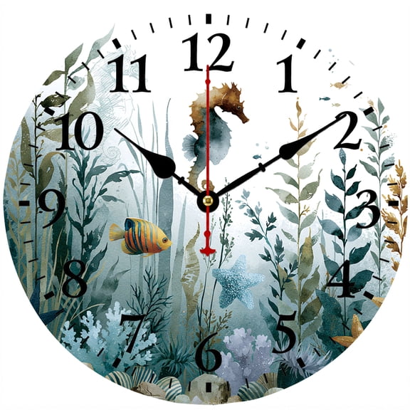 9.84 Inch Wall Clock, Battery Operated Round Analog Clock with Easy to Read Numbers, Coastal Ocean Sea Life Decorative Clock, Nautical Beach House Decor for Living Room Bedroom Bathroom Kitchen Offic