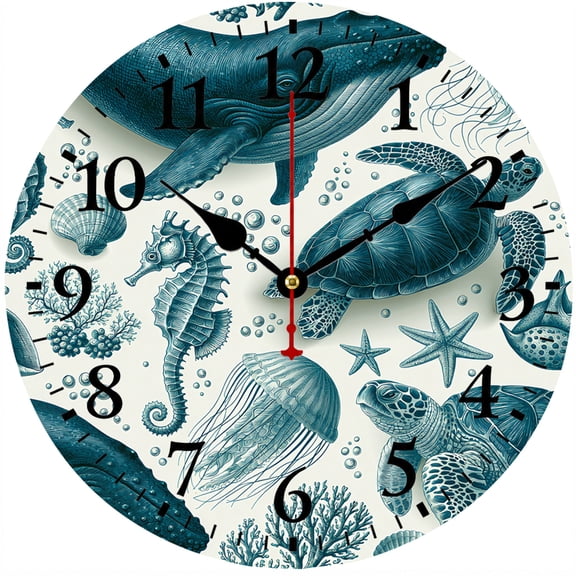 9.84 Inch Wall Clock, Battery Operated Round Analog Clock with Easy to Read Numbers, Coastal Ocean Sea Life Decorative Clock, Whale Turtle Seahorse Starfish Design for Beach House Living Room Bedroom