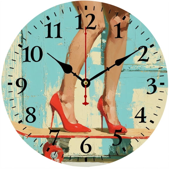 9.84 Inch Wall Clock, Battery Operated Round Analog Clock with Easy to Read Numbers, Fashion High Heel Shoe Decorative Clock, Modern Wall Art Decor for Living Room Bedroom Kitchen Office Home Decor