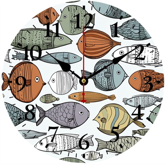 9.84 Inch Wall Clock, Battery Operated Round Analog Clock with Easy to Read Numbers, Fish Ocean Sea Life Decorative Clock, Nautical Coastal Beach House Decor for Living Room Kitchen Bedroom Office