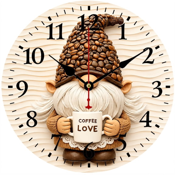 9.84 Inch Wall Clock, Coffee Lover Gnome Kitchen Wall Clock, Farmhouse Rustic Decorative Clock for Kitchen Living Room Bedroom Office Home Decor