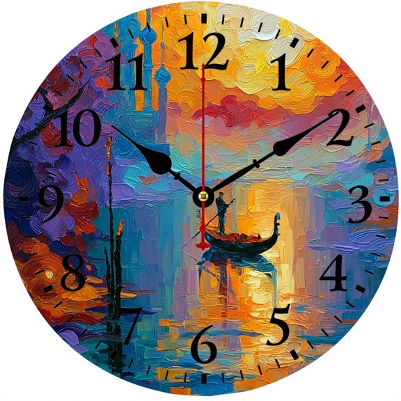 9.84 Inch Wall Clock, Colorful Nautical Sunset Boat Decorative Wall Clock, Battery Operated Round Analog Clock with Easy to Read Numbers, Coastal Ocean Decor for Living Room Bedroom Kitchen Office