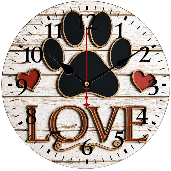 9.84 Inch Wall Clock, Dog Paw Print Decorative Battery Operated Round Analog Clock with Easy to Read Numbers, Rustic Farmhouse Wall Decor for Living Room Kitchen Bedroom Office, Pet Lover Gift