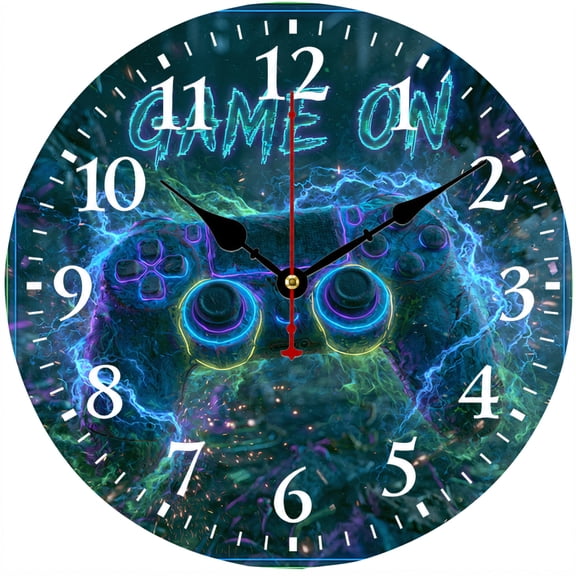 9.84 Inch Wall Clock, Gaming Room Decor Battery Operated Round Analog Clock with Easy to Read Numbers, Neon Game Controller Design Decorative Clock for Bedroom, Office, Teen Room, Gamer Decor