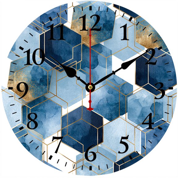 9.84 Inch Wall Clock, Modern Abstract Geometric Decor, Battery Operated Round Analog Clock with Easy to Read Numbers, Blue Gold Contemporary Wall Art for Living Room Bedroom Kitchen Office