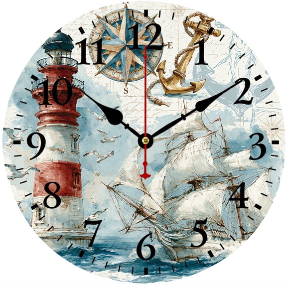 9.84 Inch Wall Clock, Nautical Lighthouse Sailboat Decorative Clock, Battery Operated Round Analog Clock with Easy to Read Numbers, Coastal Beach House Wall Decor for Living Room Bedroom Kitchen Offi