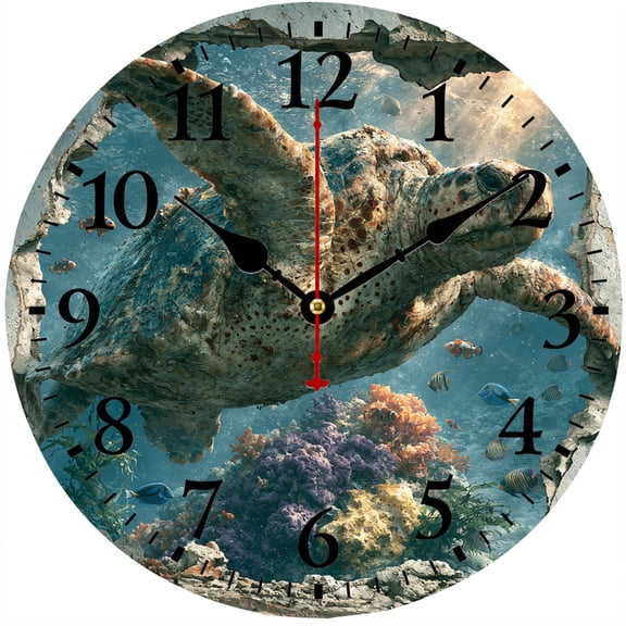 9.84 Inch Wall Clock, Ocean Sea Turtle Decorative Round Analog Clock, Battery Operated Clock with Easy to Read Numbers, Coastal Beach House Wall Decor for Living Room Bedroom Kitchen Office