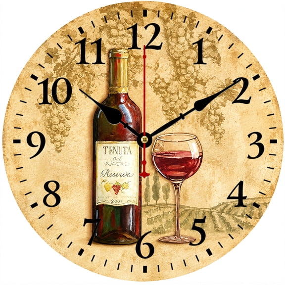 9.84 Inch Wall Clock, Wine Bottle and Glass Decorative Round Analog Clock, Battery Operated Kitchen Wall Decor, Rustic Farmhouse Vineyard Clock for Living Room Dining Room Home Office