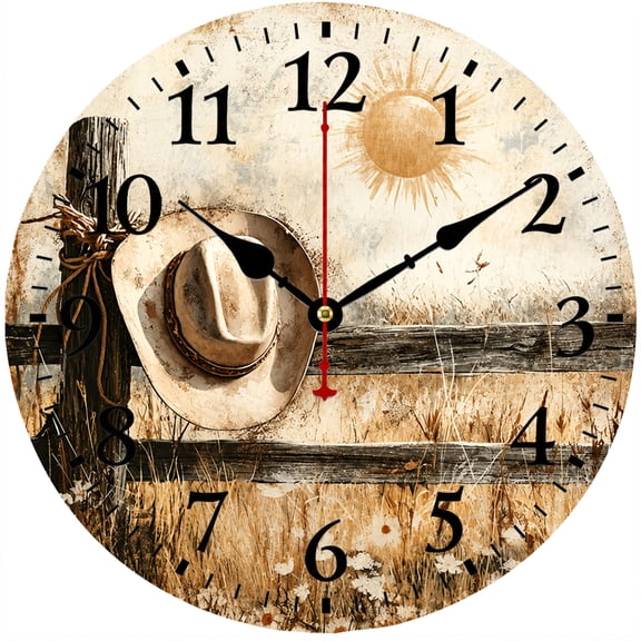 9.84 Inch Western Cowboy Wall Clock, Rustic Cowboy Hat Ranch Fence Round Analog Clock with Easy-to-Read Numbers, Farmhouse Country Decor for Living Room Bedroom Kitchen Office