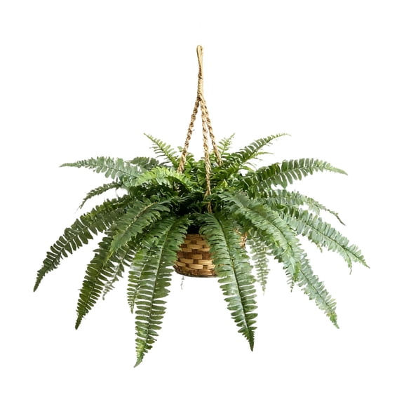 9.84 Inch Wide Artificial Fern Hanging Basket, Greenery for Indoor Home and Porch Decor, Green Silk Leaves for Spring Summer Display (Green)